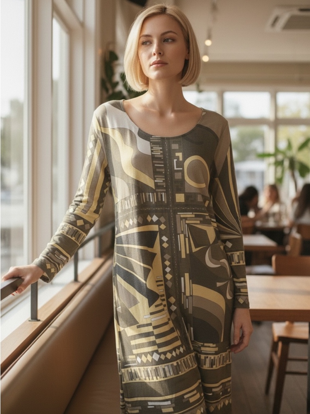 Geometric Print Shift Dress - Olive Green